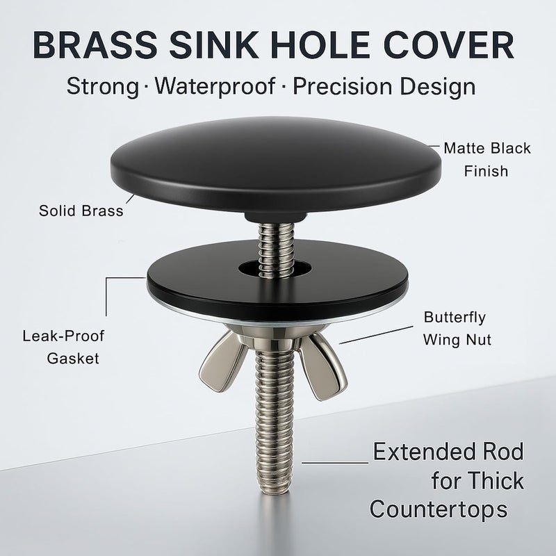 ROOGSIH 2 Pcs Solid Brass Kitchen Sink Hole Cover, 2 Inch Faucet Hole Cover, Matte Black Finish Tap Hole Plate Stopper Cover, Countertop Hole Cover for Kitchen and Bathroom Sinks (Matte Black) - Image 3